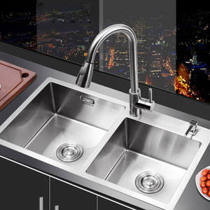 Nickel Brushed Stainless Steel Kitchen Sinks Double Bowls With Pullout Faucet